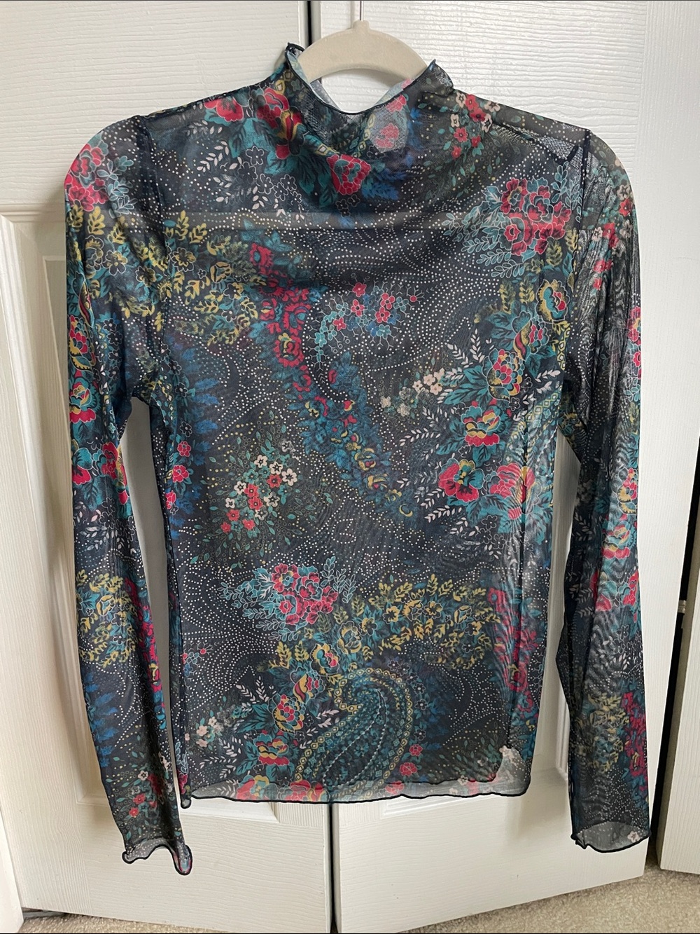 NATURAL LIFE Black Floral Mesh Long-Sleeve Top with Teal & Pink Accents